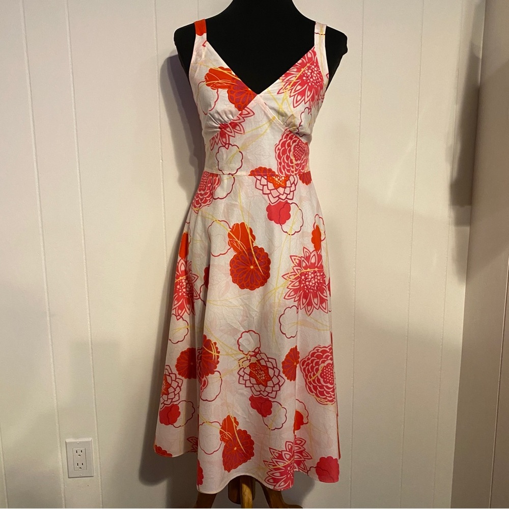 Kenneth Cole New York Women’s Midi Pink, Red, Yellow Floral Dress | Zip Back | 4